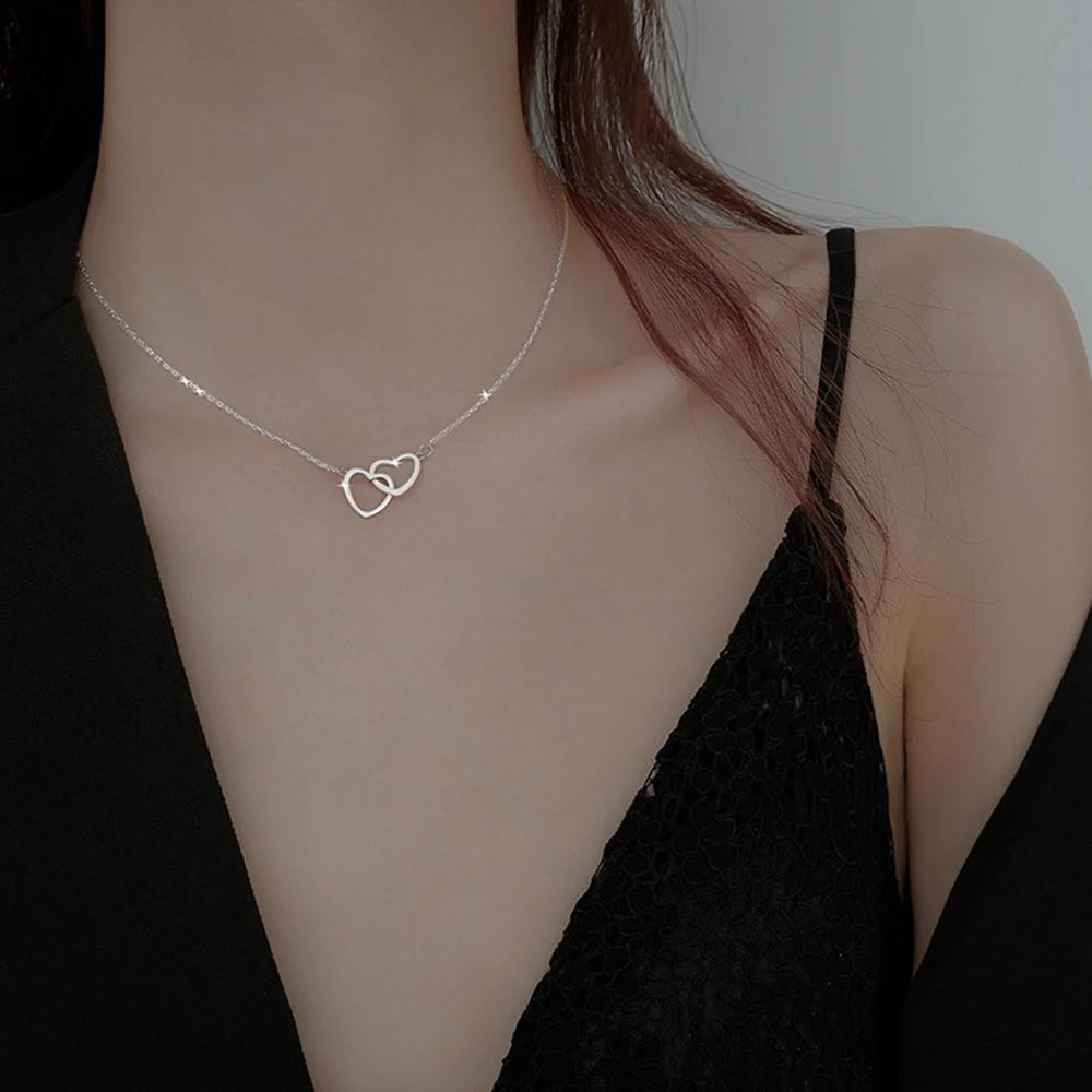 Silver Double Heart Clavicle Chain Necklace