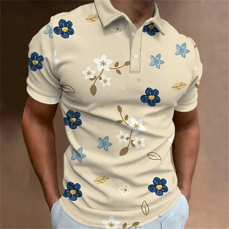 Men's Polo Shirt Fashion 3D Printed Flower Pattern Lapel Short Sleeve Top Summer New Leisure Vacation Street Breathable Clothing