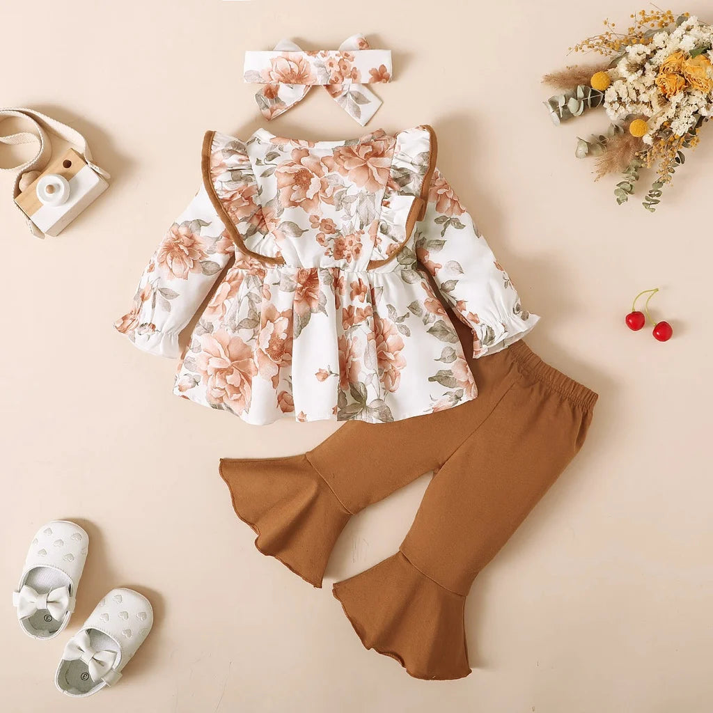 Hauts à manches longues pour bébés filles, hauts imprimés floraux et pantalons de couleur unie