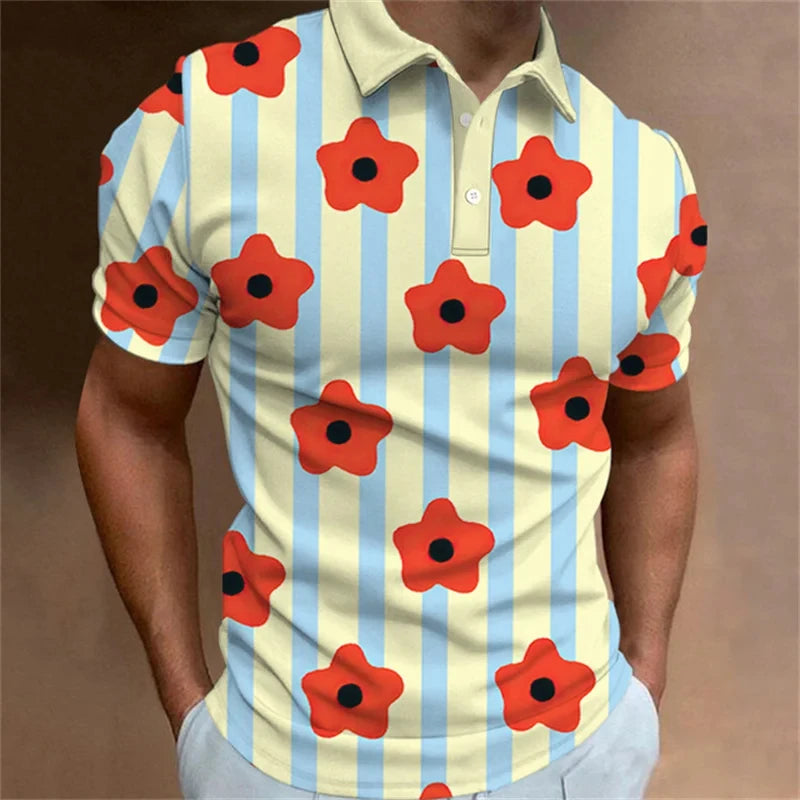 Men's Polo Shirt Fashion 3D Printed Flower Pattern Lapel Short Sleeve Top Summer New Leisure Vacation Street Breathable Clothing