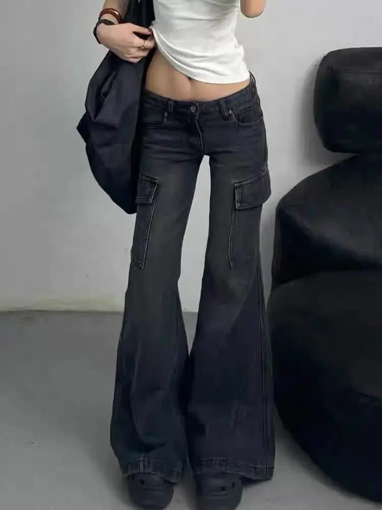 Schwarze Gothic Cargo Flare Jeans für Damen