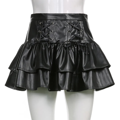 PU Leather High Waist Lace-Up Mini Skirt