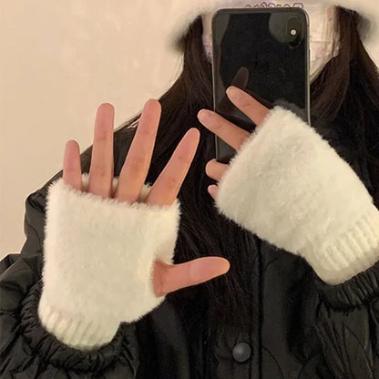 Gants d'hiver chauds en polaire de vison tricotés en peluche doux à demi-doigts pour femmes