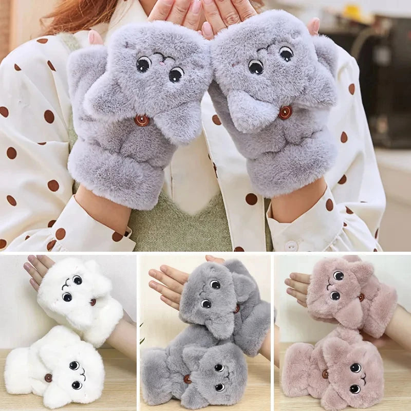 Women’s Plush Flip Mittens - Thick Rabbit Fur Half-Finger Gloves