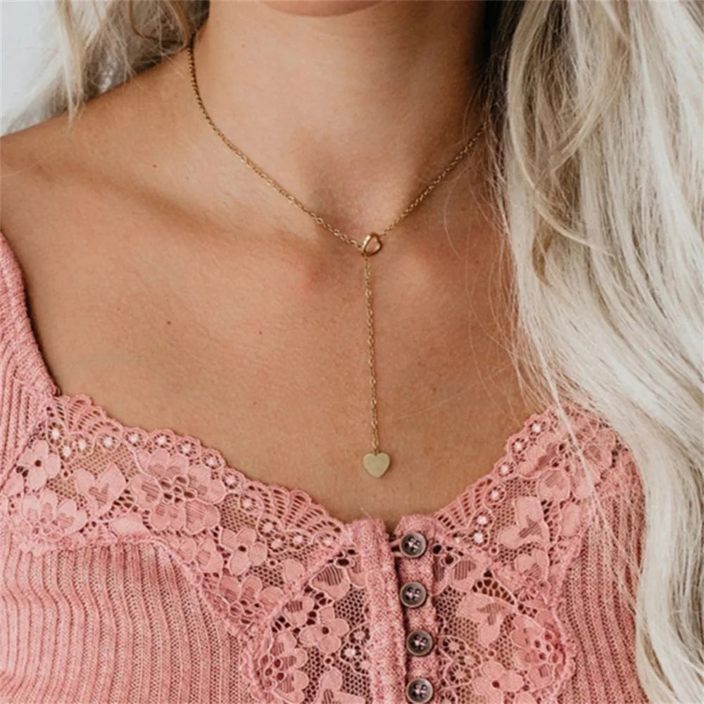 Simple Gold Y-Shaped Heart Pendant Necklace for Women