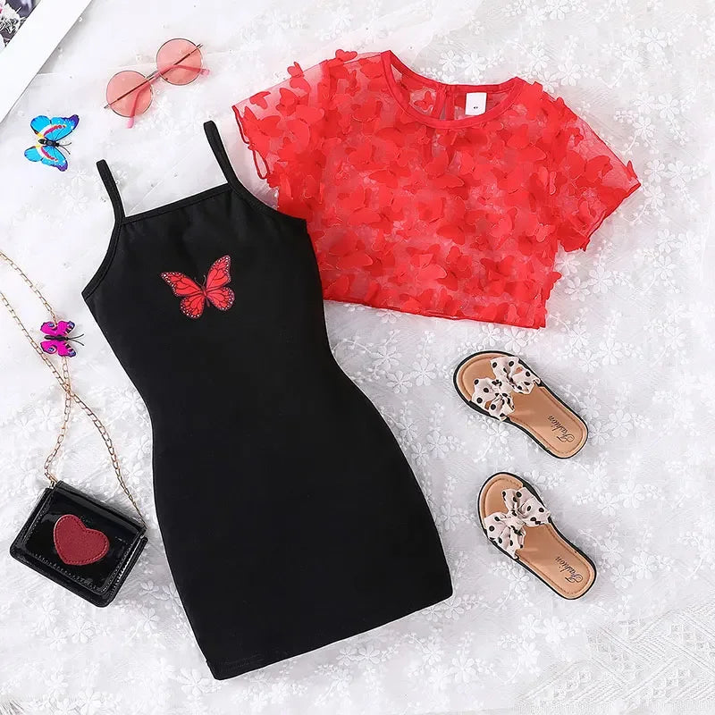 Girls Butterfly Embroidery Mesh Short Sleeve Top & Suspenders Skirt