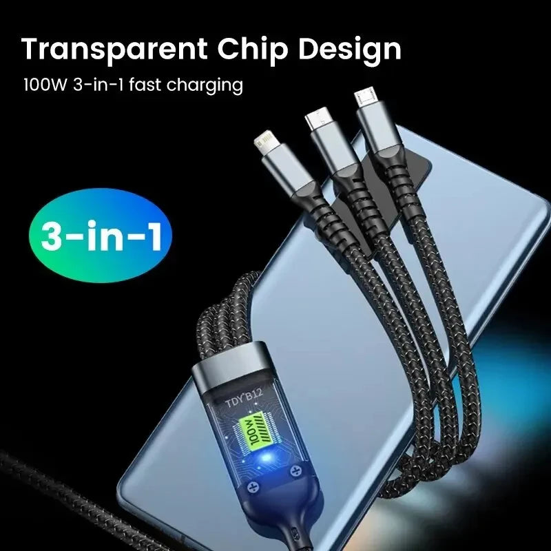 Luminous Data Cable 3 In1 Mobile Phone Charging - Cable 100W Fast Charging