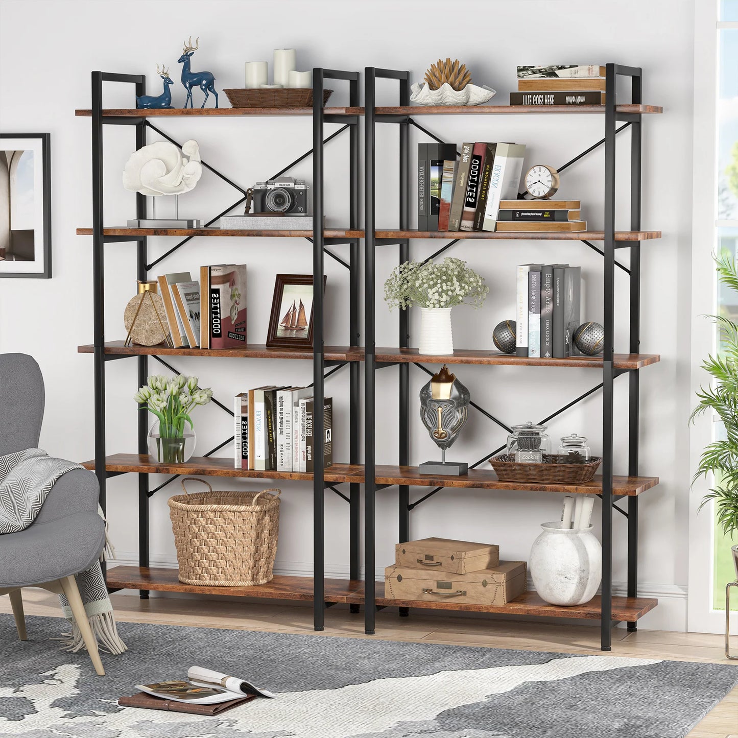 Metal Frame 5 Tier Etagere Bookcase - Rustic Tall Living Room Book Shelf  Unit