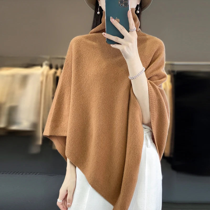 Elegant Wool Knit Shawl- Sleeveless High Neck Cape