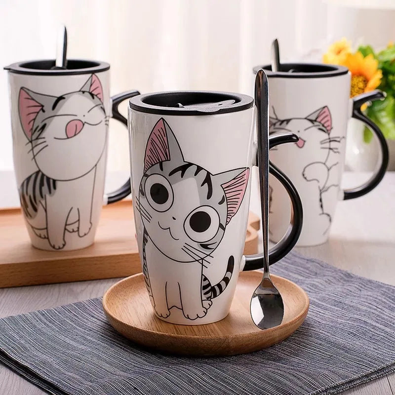 Tasse en céramique créative pour chat de 600 ml avec couvercle et cuillère