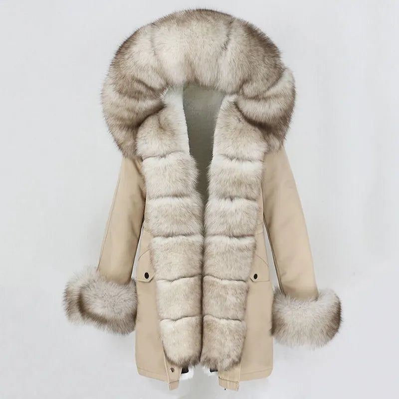 Parka longue pour femme avec col en vraie fourrure de renard