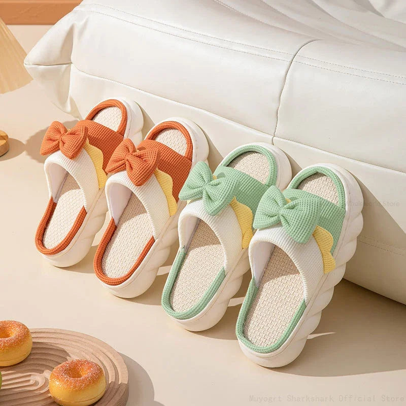 Comfy Linen Indoor Slippers with Cute Bowknot