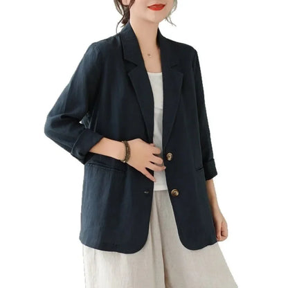 Blazer d'été à manches longues en coton et lin d'inspiration vintage avec col à revers