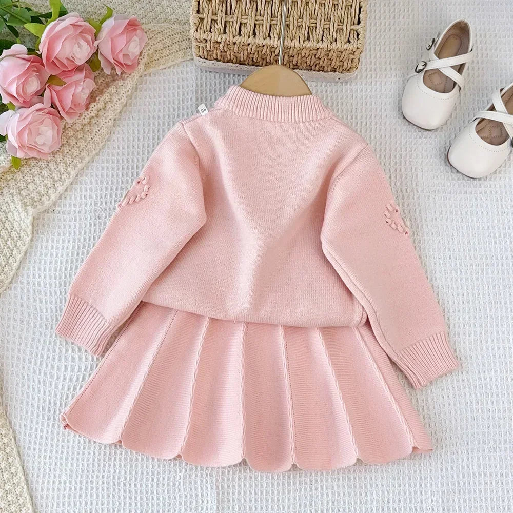 Girls' Pink Flower Cardigan & Skirt Set