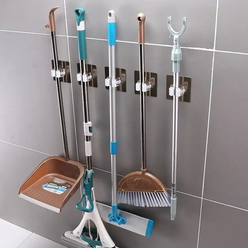 Punch-Free Wall-Mounted Mop Holder with Self-Adhesive Hooks