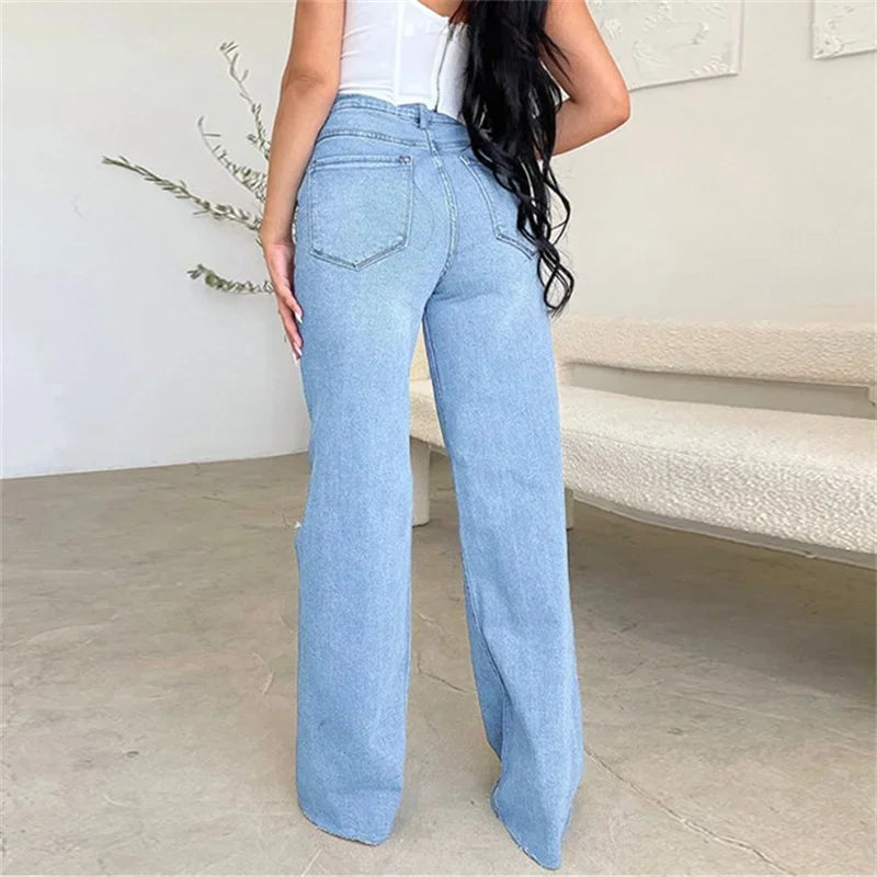 Stylish High-Waist Hollow Out Straight Jeans for Women