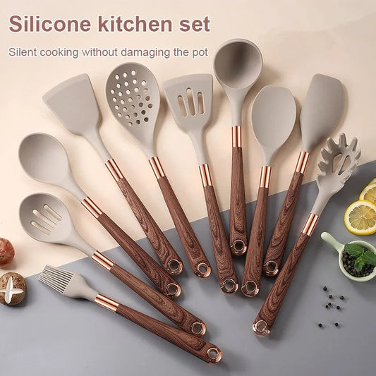 Ensemble d'ustensiles de cuisine en silicone abricot/noir