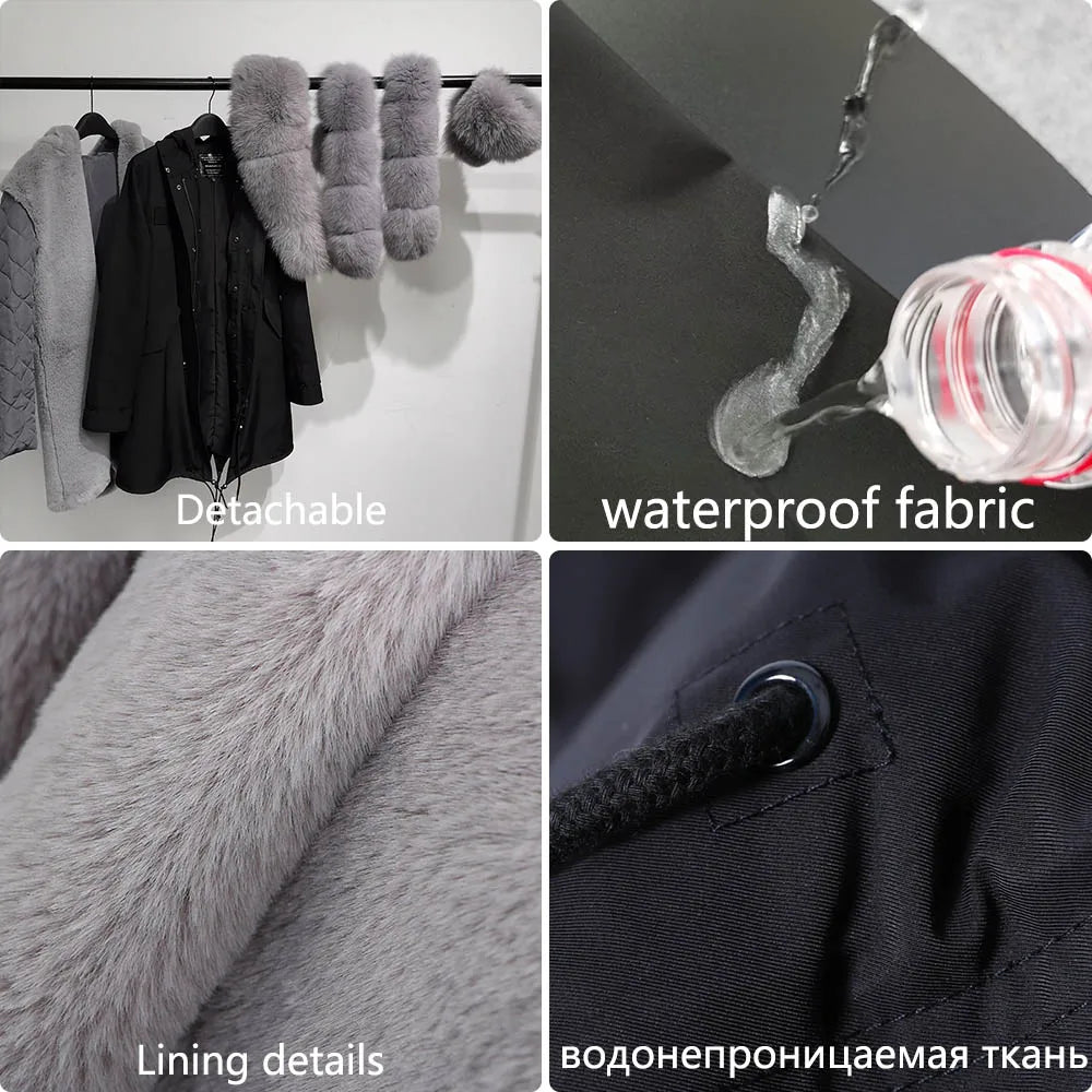 Schwarzer wasserdichter Winterparka aus Fuchspelz mit Kapuze für Damen