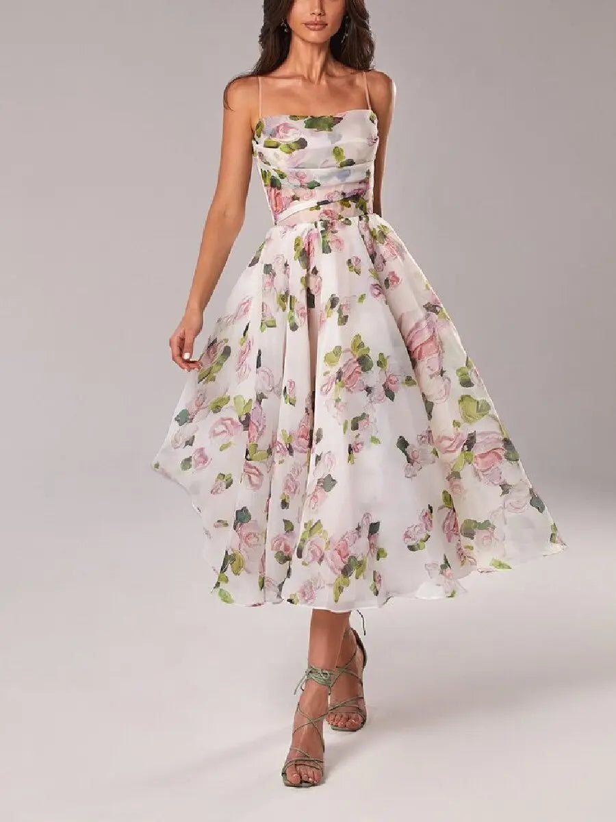 Elegant Floral Chiffon A-line Tea Dress