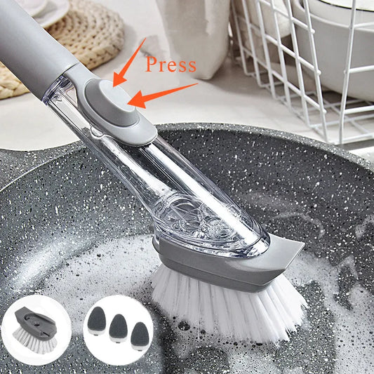 2-in-1 Long Handle Kitchen Cleaning Brush with Removable Sponge Dispenser