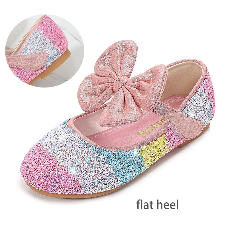 Girls Leather Glitter Bow Heeled Sandals