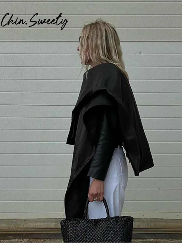 Y2K Asymmetrical Leather Cloak- Urban Style for Fall