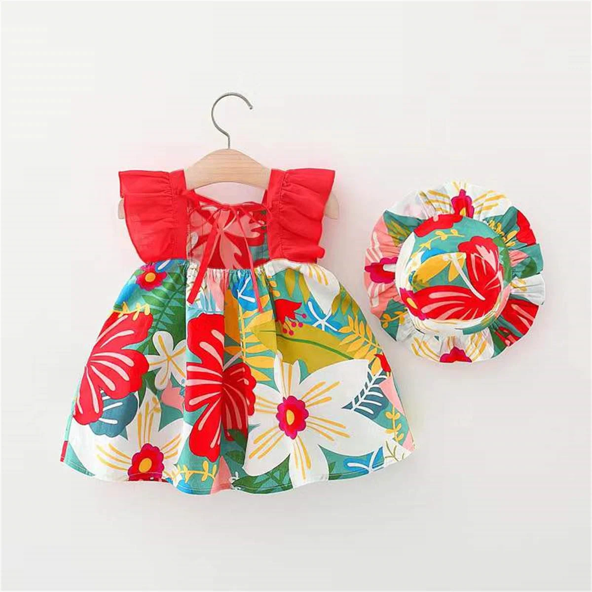 Robe et chapeau à imprimé floral à manches volantes pour bébé fille