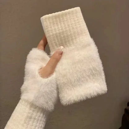 Gants d'hiver chauds en polaire de vison tricotés en peluche doux à demi-doigts pour femmes