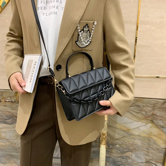 Solid Plaid Chain Decor Ladies Handbag