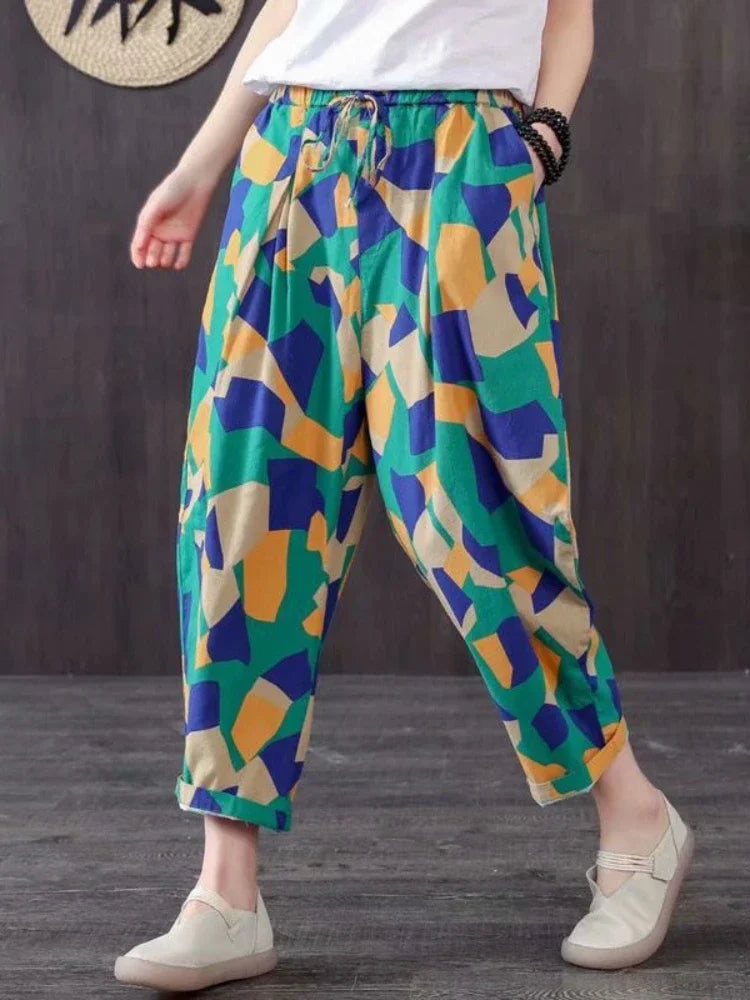 Summer Retro Print Cotton Straight Harem Sweatpants
