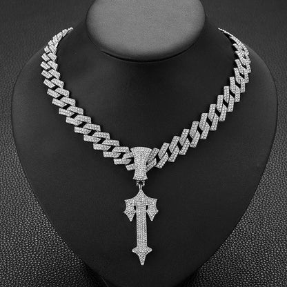 Unisex Shiny Cross Pendant Necklace With Cuban Chain
