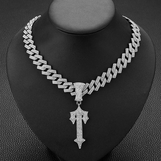 Unisex Shiny Cross Pendant Necklace With Cuban Chain