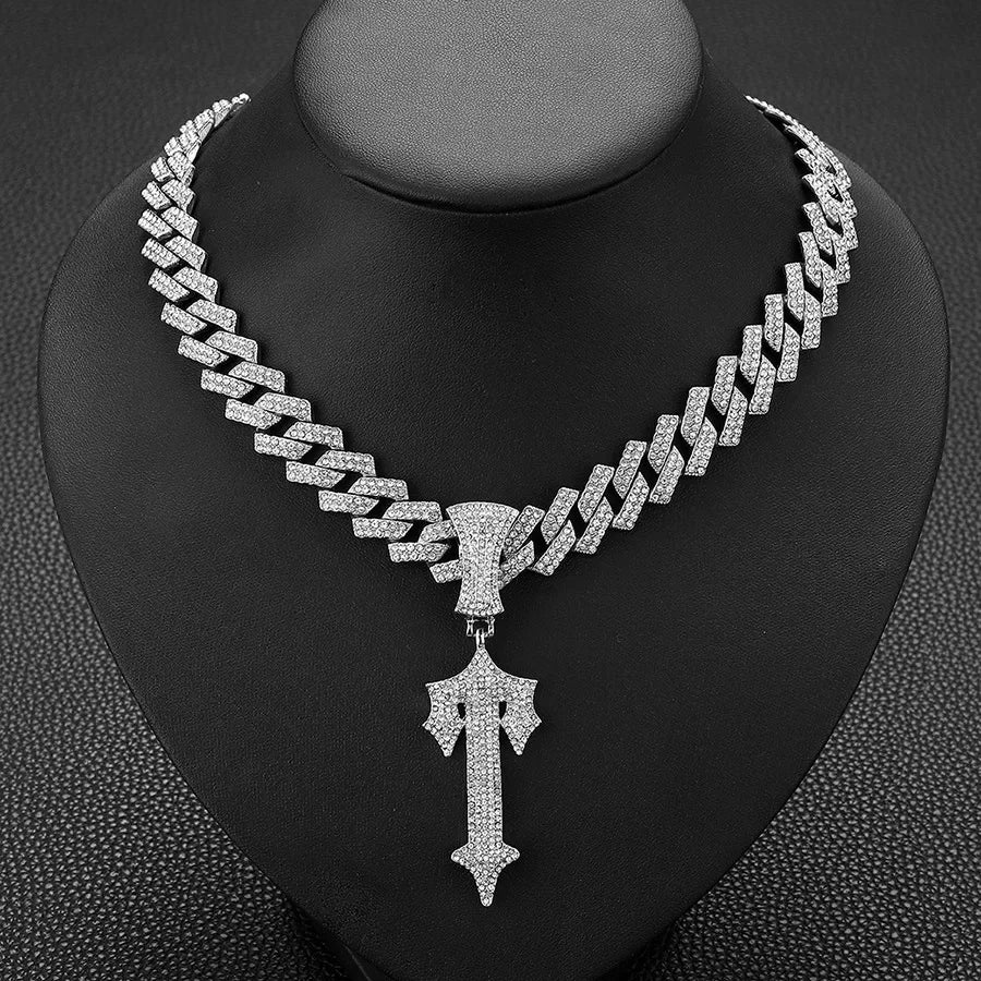 Unisex Shiny Cross Pendant Necklace With Cuban Chain