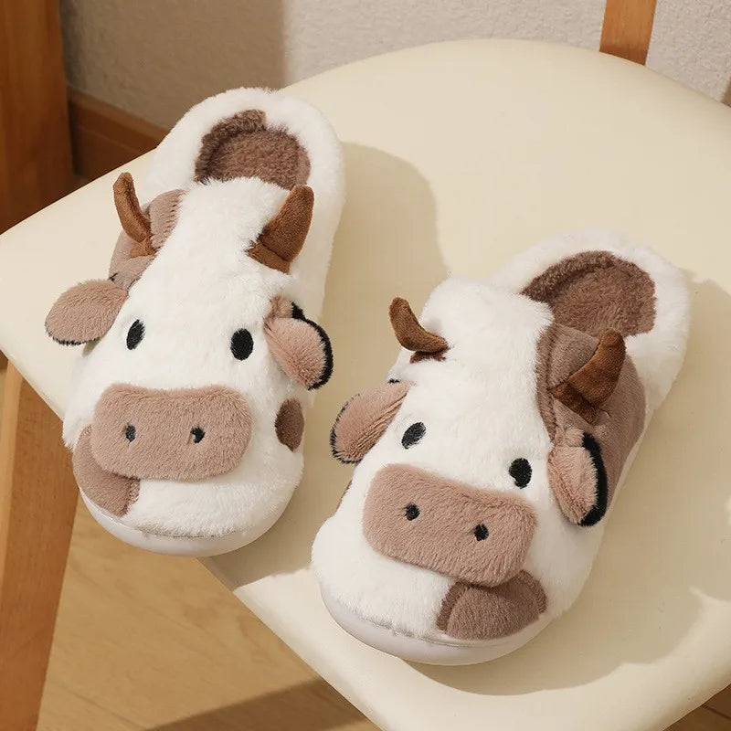Unisex Winter Warm Plush Cartoon Cow Slippers
