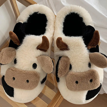 Unisex Winter Warm Plush Cartoon Cow Slippers