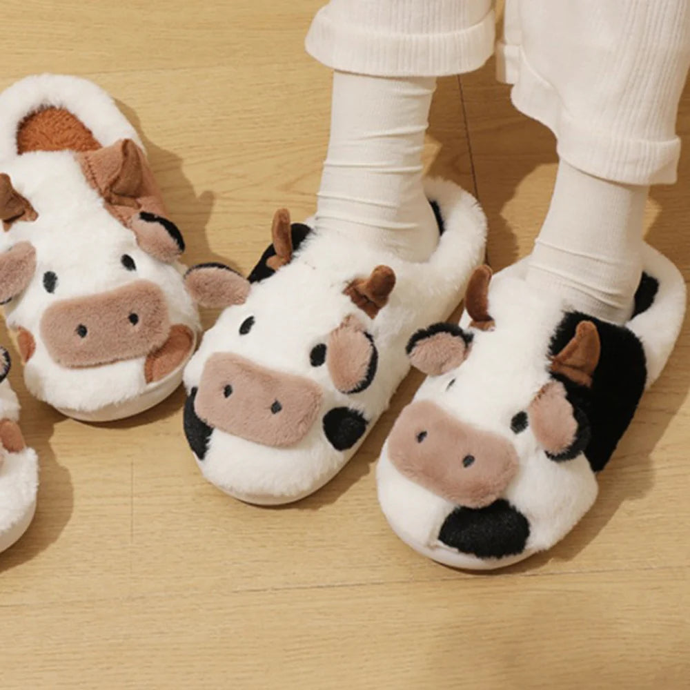 Unisex Winter Warm Plush Cartoon Cow Slippers