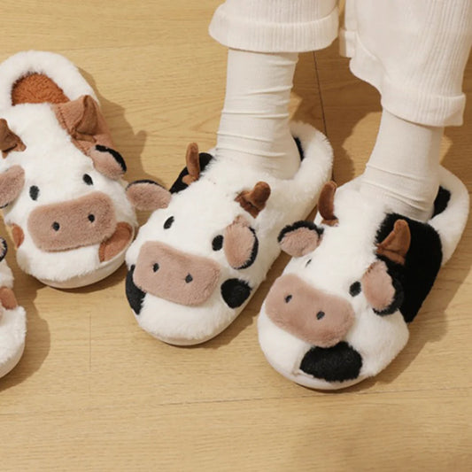 Unisex Winter Warm Plush Cartoon Cow Slippers