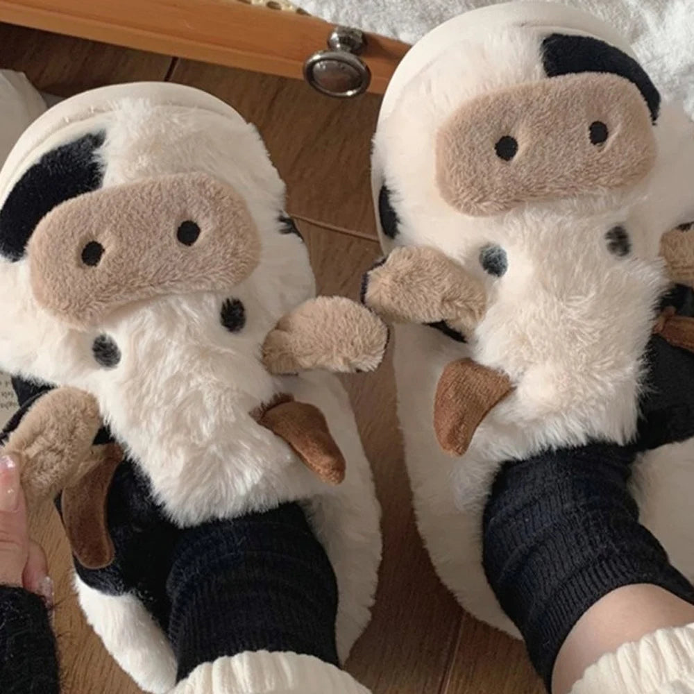 Unisex Winter Warm Plush Cartoon Cow Slippers