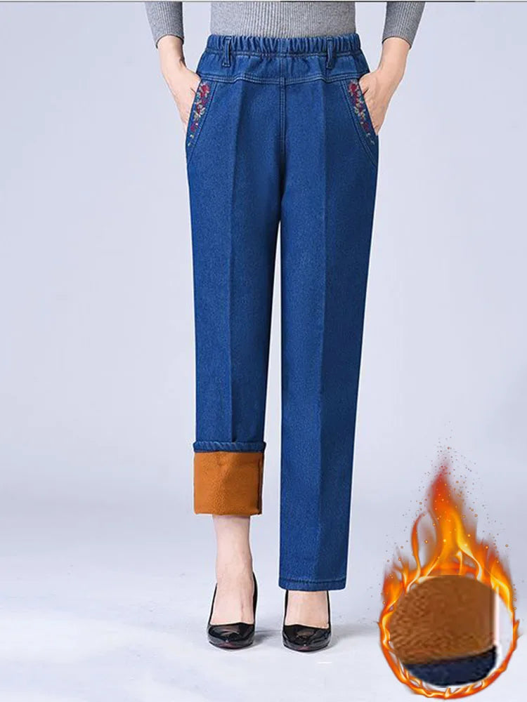 Velvet-Lined High Waist Mom Jeans