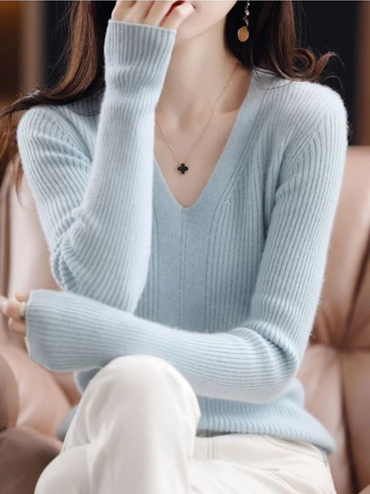 Warm Knitted Bottoming Jumpers - V Neck Women Sweater