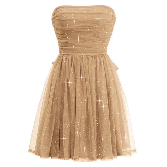 Woman's Sleeveless Sequin Strapless Dresses