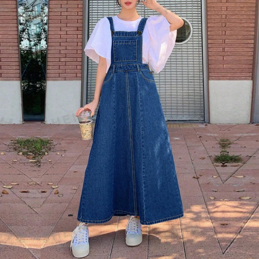 Women Denim Strap High Waist Suspender Skirt