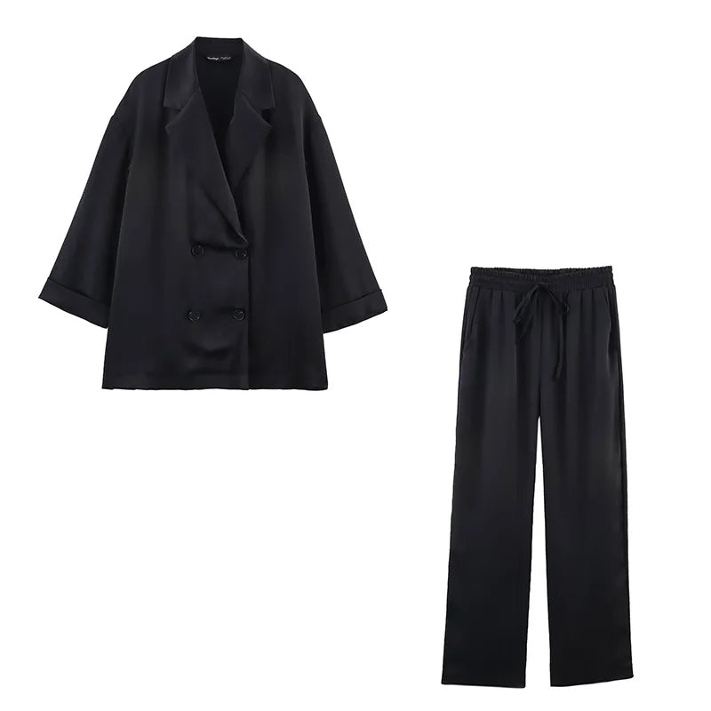 Women's Double-Breasted Satin Blazers & Long Trousers