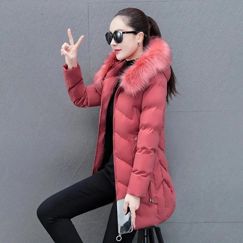 Women's Faux Fur Collar Slim Fit Long Sleeve Cotton Coat