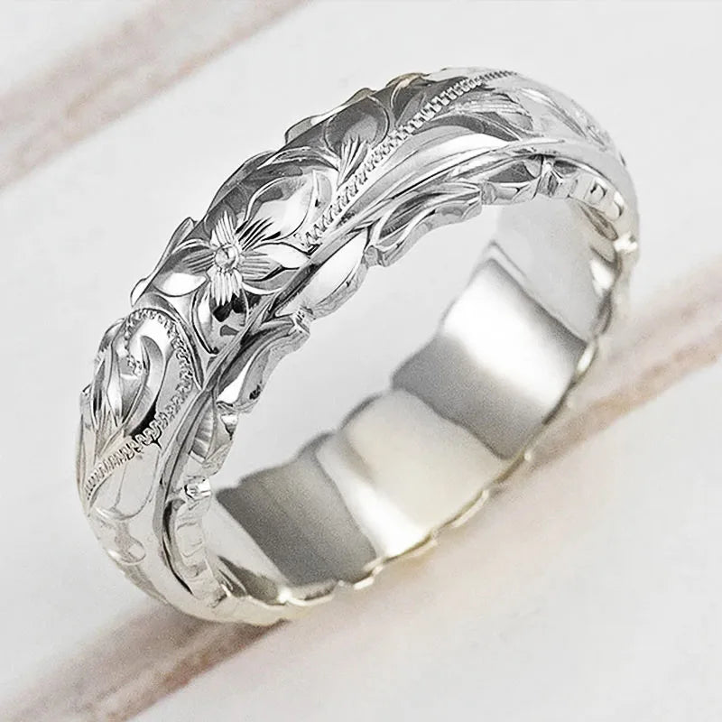 Women Flower Carved Wedding Band Rings