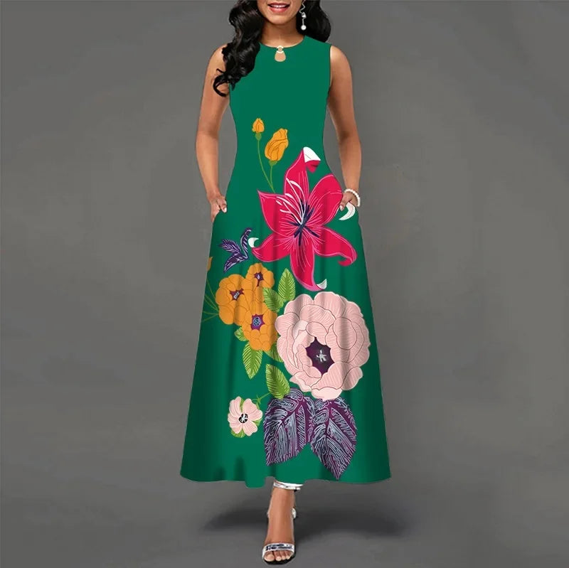 Women's Flower Print New Casual Sleeveless Long Dress