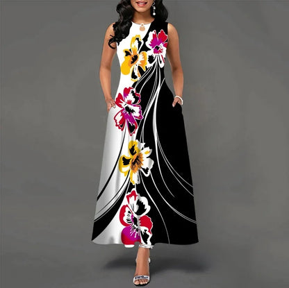 Women's Flower Print Sleeveless Long Dress