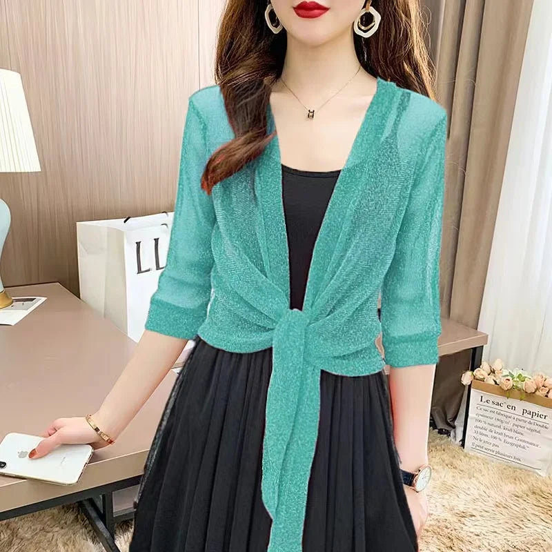 Women's High Stretch Sheer Glitter Lace Up Cardigan