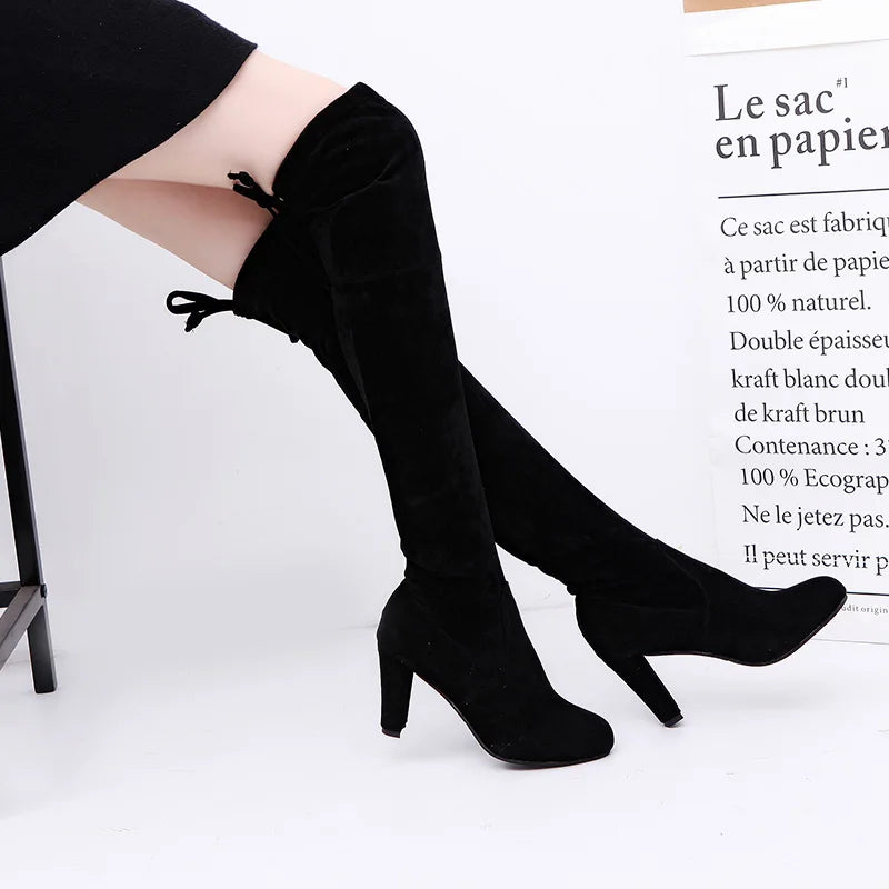 Women Sexy High Heel Suede Lace Up Thigh Knee Boots