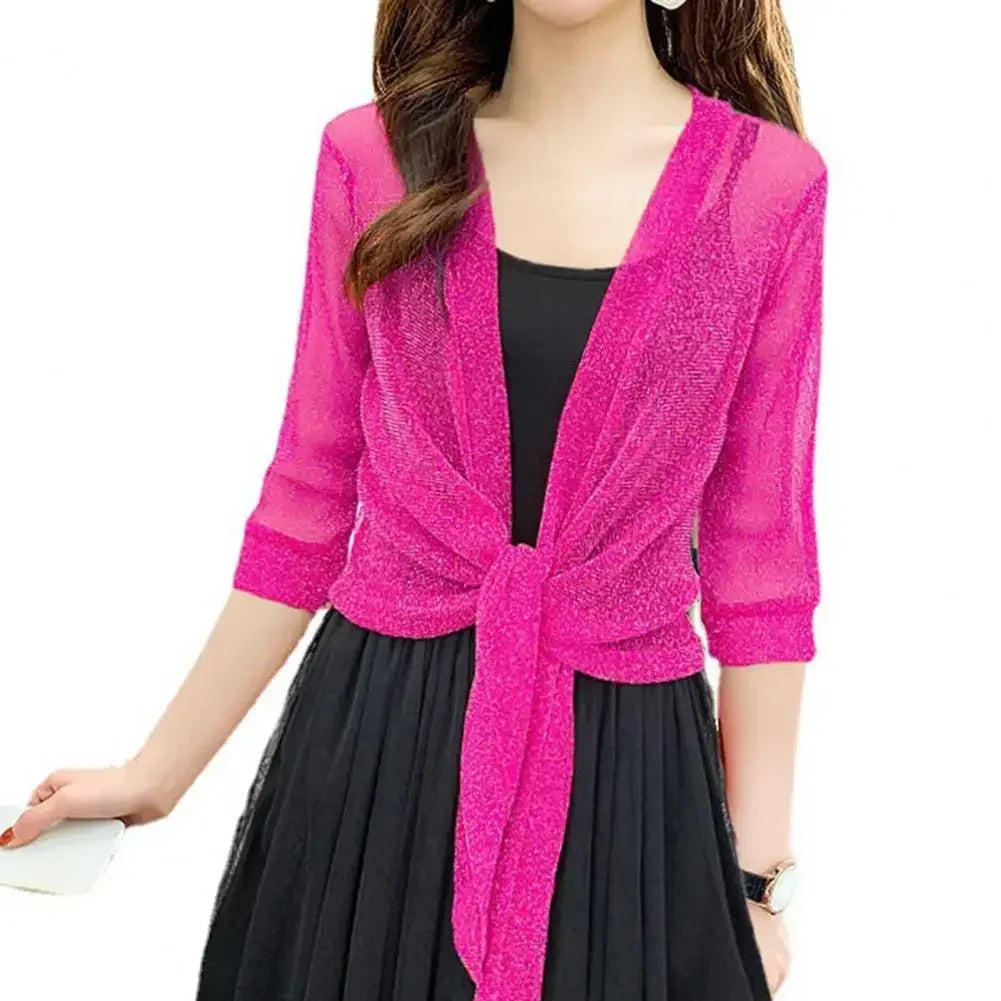 Women's High Stretch Sheer Glitter Lace Up Cardigan